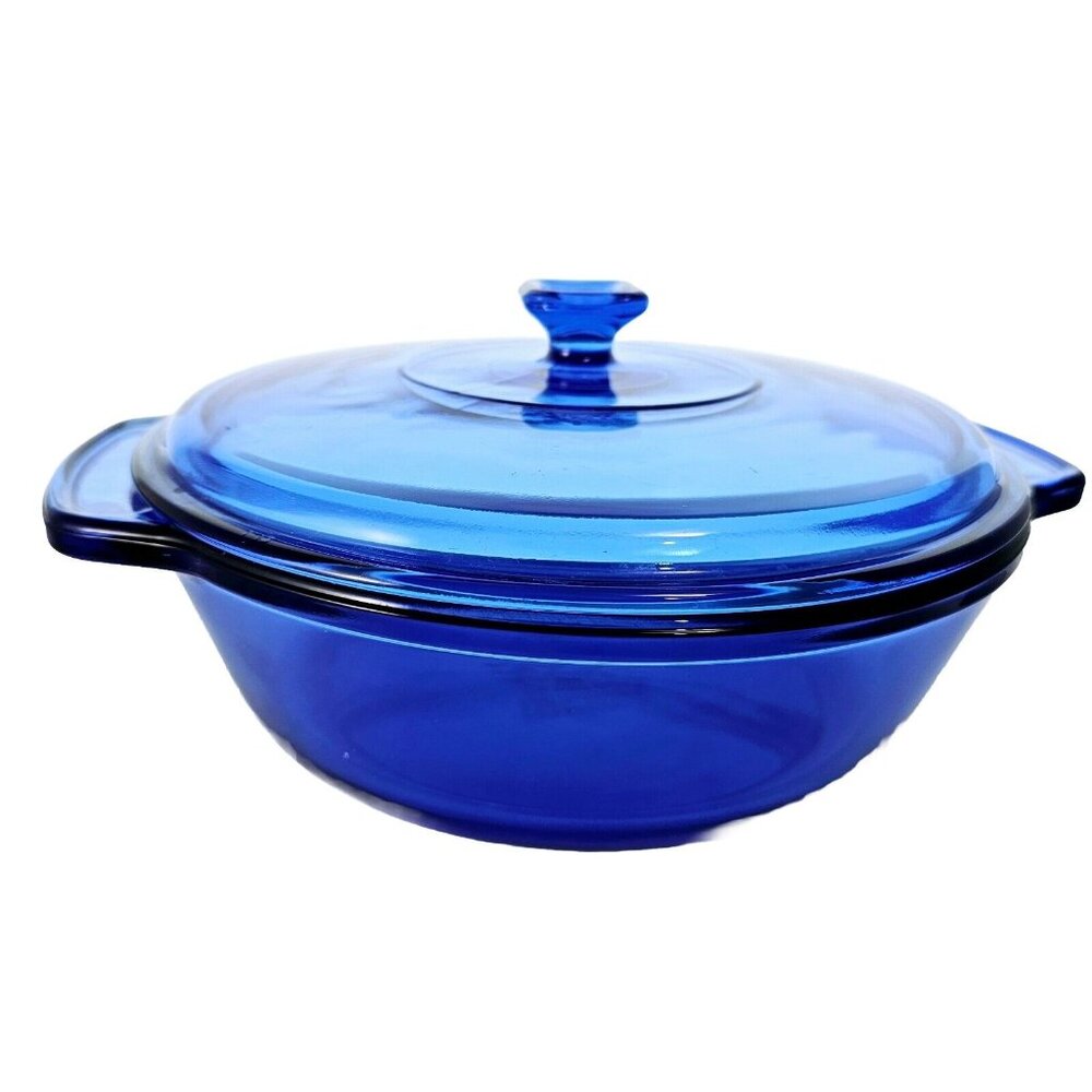Anchor Hocking Cobalt Casserole Bowl w/ Lid 2qt handles 9" vtg blue kitchen - Picture 2 of 15